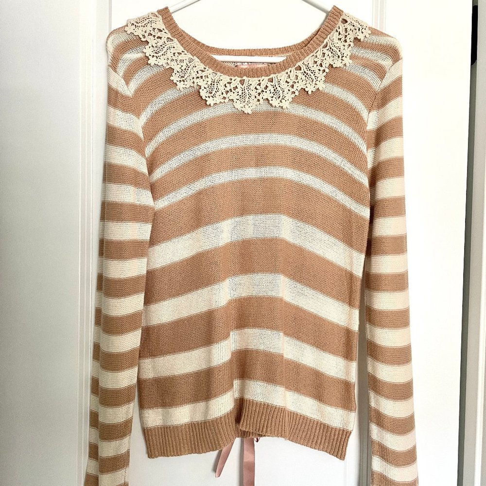 Japan Axes Femme Striped Brown Lace-up Lace Collar Knit Sweater